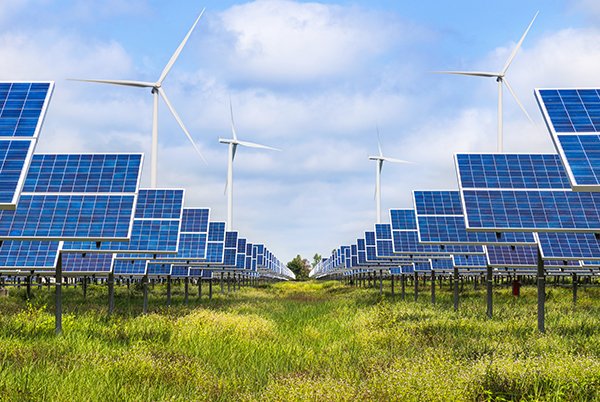 Photovoltaics module solar panels and wind turbines generating electricity renewable green energy