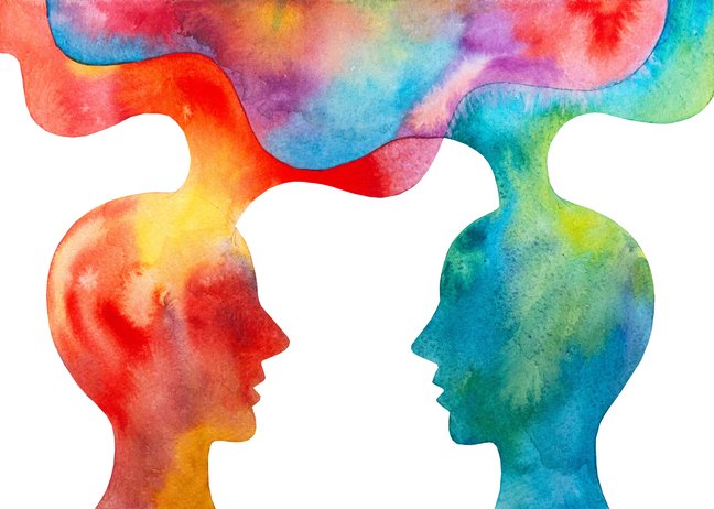 Dipinto acquerello telepatia. Comunicazione tra 2 persone. Watercolor painting of telepathy. Communication between 2 people