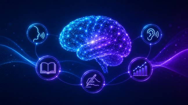 image showing brain, cognitive research, writing, speaking, reading, listening