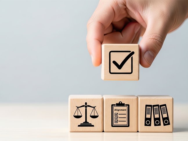 Hand placing a checkmark block on top of legal and compliance icons