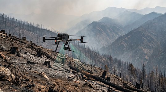 Mountain wildfire aftermath; a forestry AI drone hovers scans terrain for climate data collection, environmental monitoring